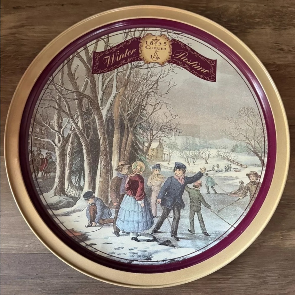 Currier and Ives Vintage Tin Serving Tray 1994 Winter Pastime 1855 Round 13"